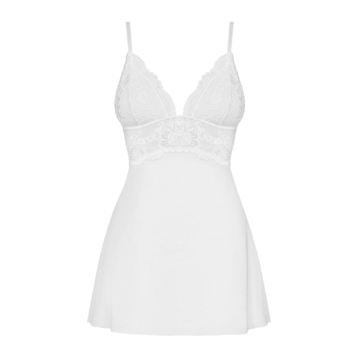 Сатиновый пеньюар с кружевом Obsessive 810-BAB-2 babydoll & thong L/XL, белый, пеньюар, танга