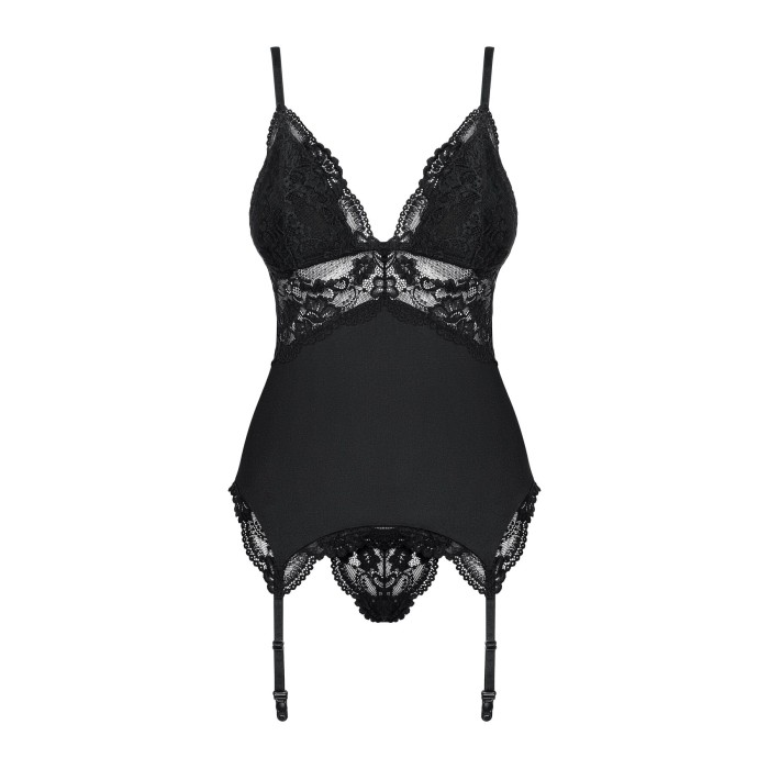 Сатиновий мереживний корсет Obsessive 810-COR-1 babydoll & thong L/XL, чорний, корсет, танга