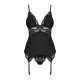 Сатиновий мереживний корсет Obsessive 810-COR-1 babydoll & thong L/XL, чорний, корсет, танга