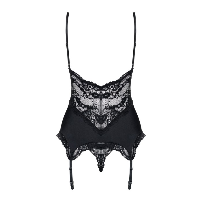 Сатиновий мереживний корсет Obsessive 810-COR-1 babydoll & thong L/XL, чорний, корсет, танга
