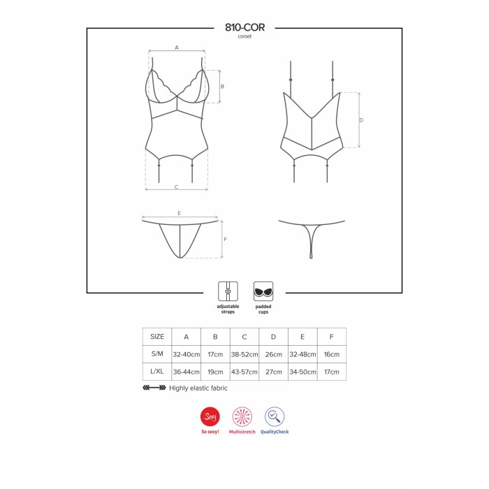 Сатиновий мереживний корсет Obsessive 810-COR-1 babydoll & thong L/XL, чорний, корсет, танга