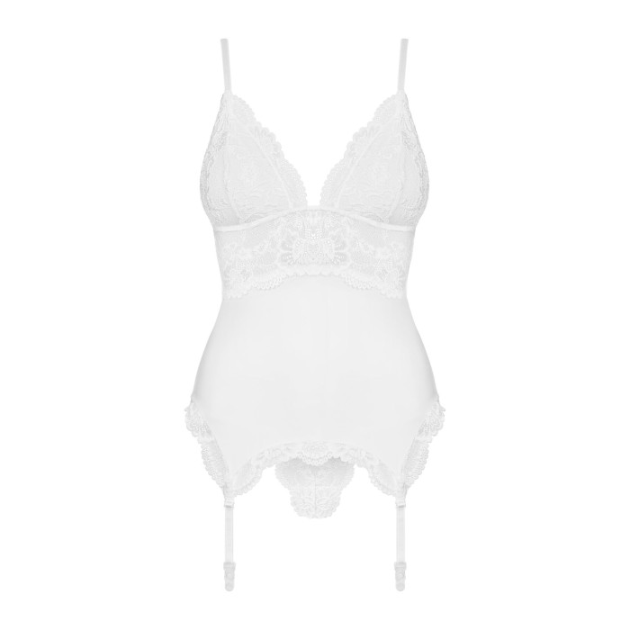 Сатиновый кружевной корсет Obsessive 810-COR-2 babydoll & thong S/M, белый, корсет, танга