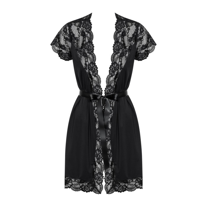 Сатиновый открытый пеньюар на поясе Obsessive 810-PEI–1 peignoir black L/XL, черный