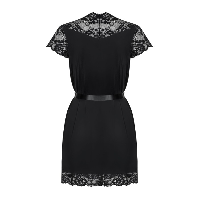 Сатиновый открытый пеньюар на поясе Obsessive 810-PEI–1 peignoir black 2XL/3XL, черный