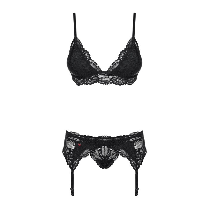 Кружевной комплект белья Obsessive 810-SEG-1 L/XL Black, бюстгальтер, стринги, пояс для чулок