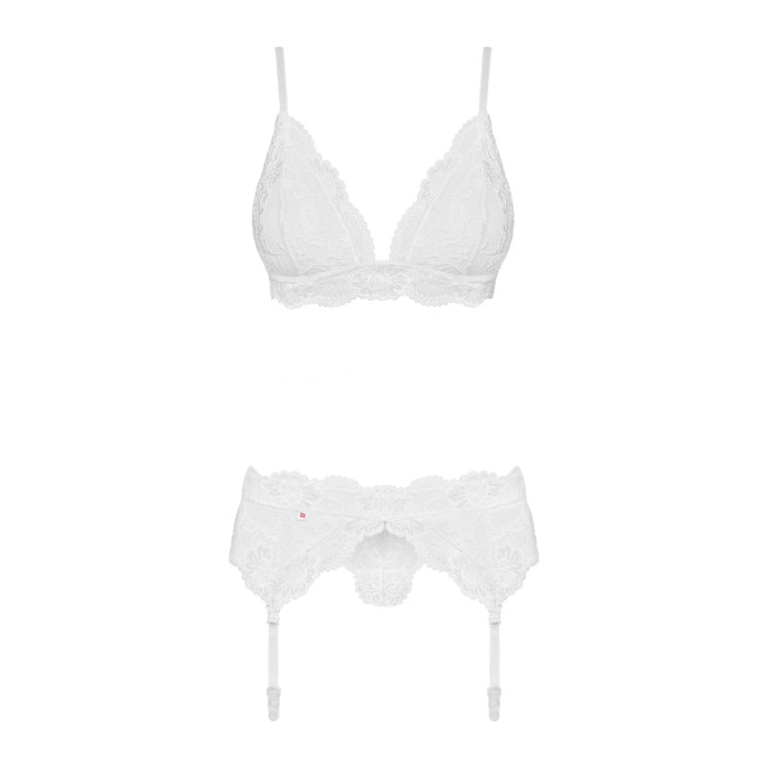 Мереживний комплект білизни Obsessive 810-SEG-1 L/XL White, бюстгальтер, стрінги, пояс для панчіх