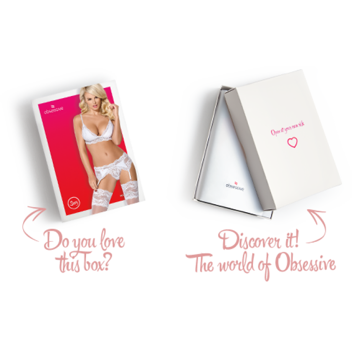 Мереживний комплект білизни Obsessive 810-SEG-1 L/XL White, бюстгальтер, стрінги, пояс для панчіх