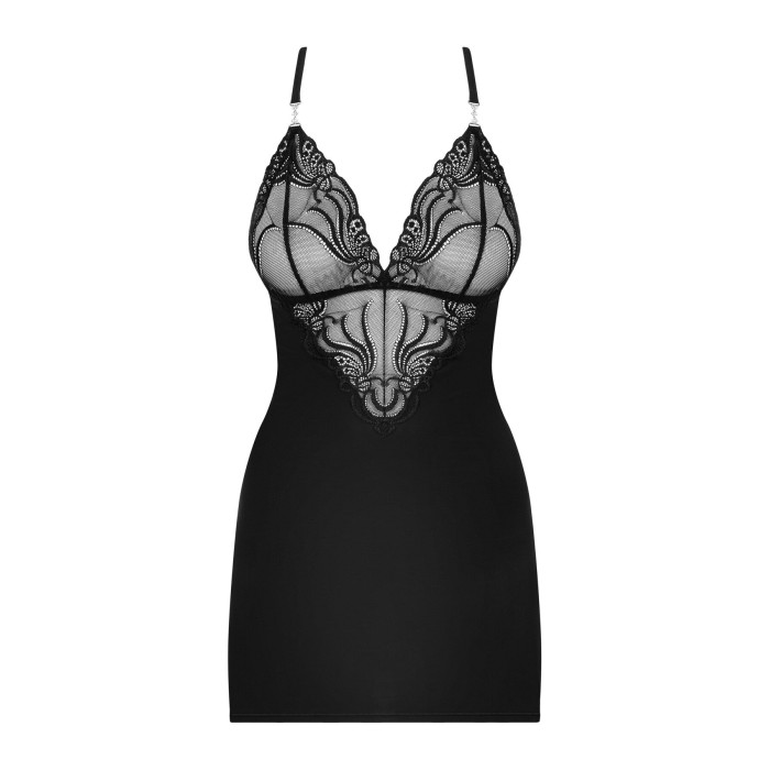 Сатиновий комплект для сну з мереживом Obsessive 828-CHE-1 chemise & thong S/M, чорний, сорочка, стр
