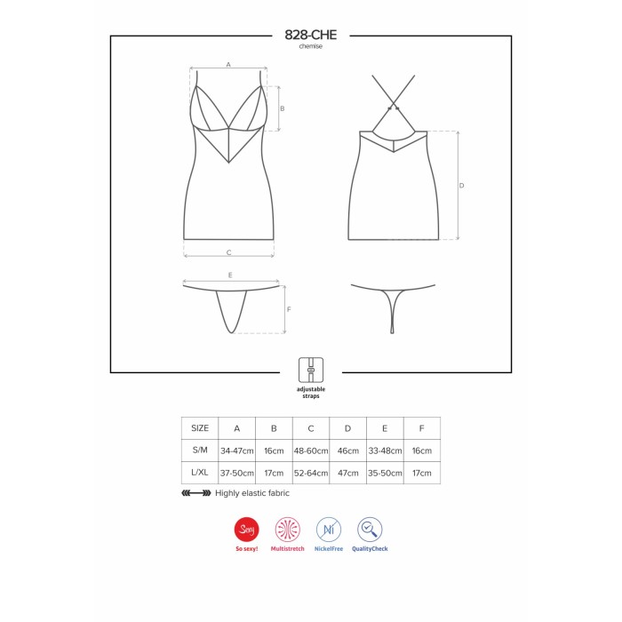 Сатиновий комплект для сну з мереживом Obsessive 828-CHE-1 chemise & thong S/M, чорний, сорочка, стр