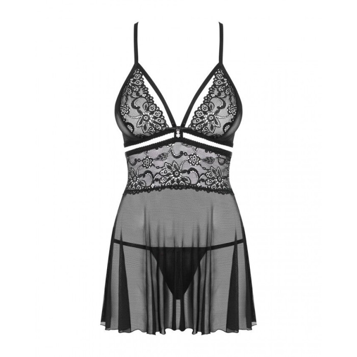 (SALE) Еротичний мереживний комплект із сіточкою Obsessive 838-BAB-1babydoll & thong black S/M, чорний, пен