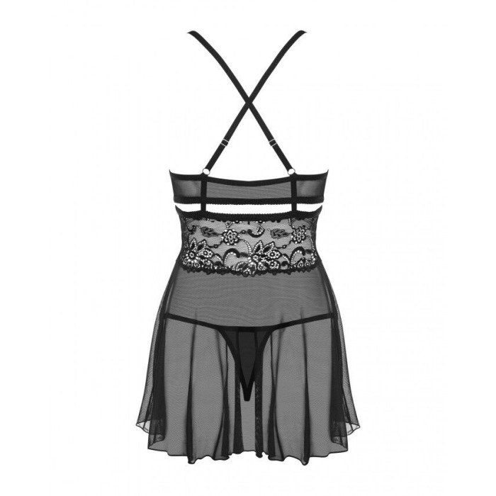 (SALE) Еротичний мереживний комплект із сіточкою Obsessive 838-BAB-1babydoll & thong black S/M, чорний, пен
