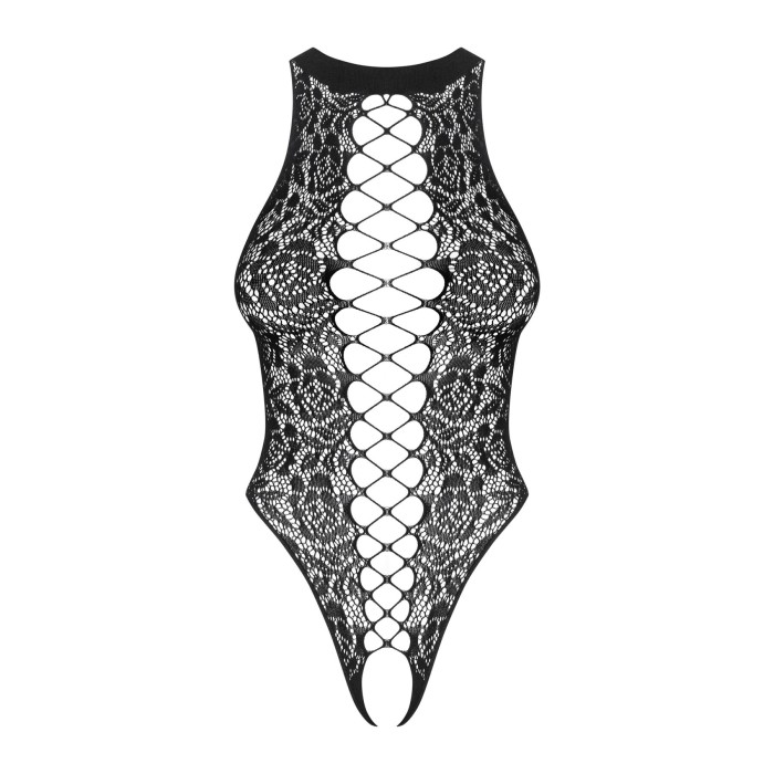 Ажурный бодистокинг с эффектом шнуровки Obsessive B129 teddy black S/M/L, черный, с доступом