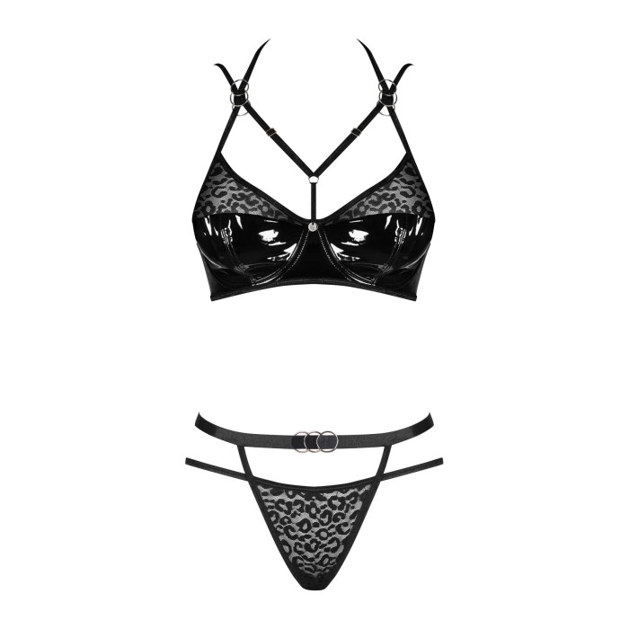 Еротичний комплект під латекс зі стрепами Obsessive Bagirela 2-pcs set L/XL, чорний, під леопард, бю