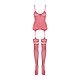 Бодістокінг Obsessive Bodystocking F214 red S/M/L, імітація корсета та панчіх на підв’язках