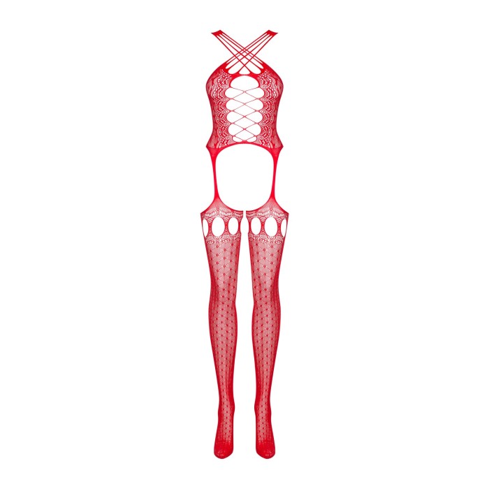 Бодістокінг Obsessive Bodystocking G313 S/M/L red, шнурівка, геометричний декор