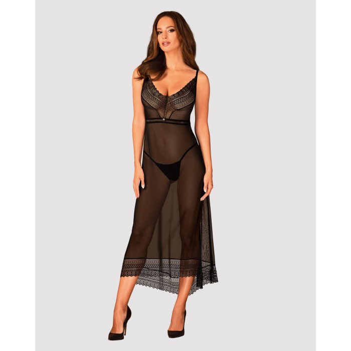 Полупрозрачная длинная сорочка Obsessive Estiqua chemise XS/S, черный, ассиметричный крой