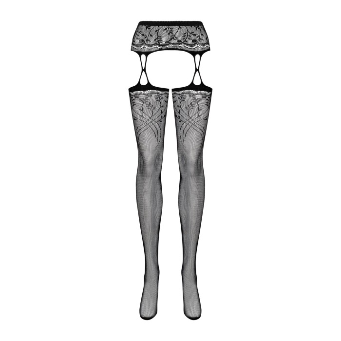 Чулки-стокинги с растительным рисунком Obsessive Garter stockings S206 black S/M/L черные, имитация