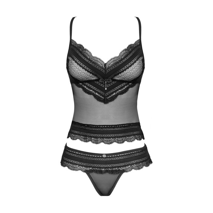 Напівпрозорий набір з прикрасами Obsessive Ivannes top & thong S/M, чорний, топ та танга