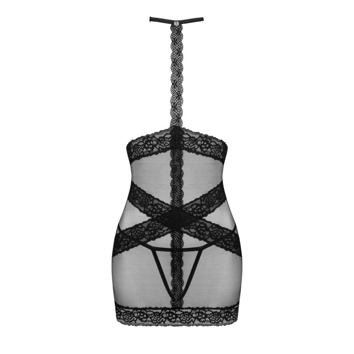 Полупрозрачная сорочка с открытой грудью Obsessive Lacrisia chemise XS/S, черная, с чокером