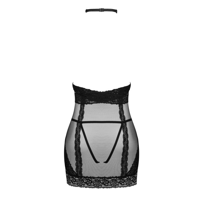 Полупрозрачная сорочка с открытой грудью Obsessive Lacrisia chemise M/L, черная, с чокером