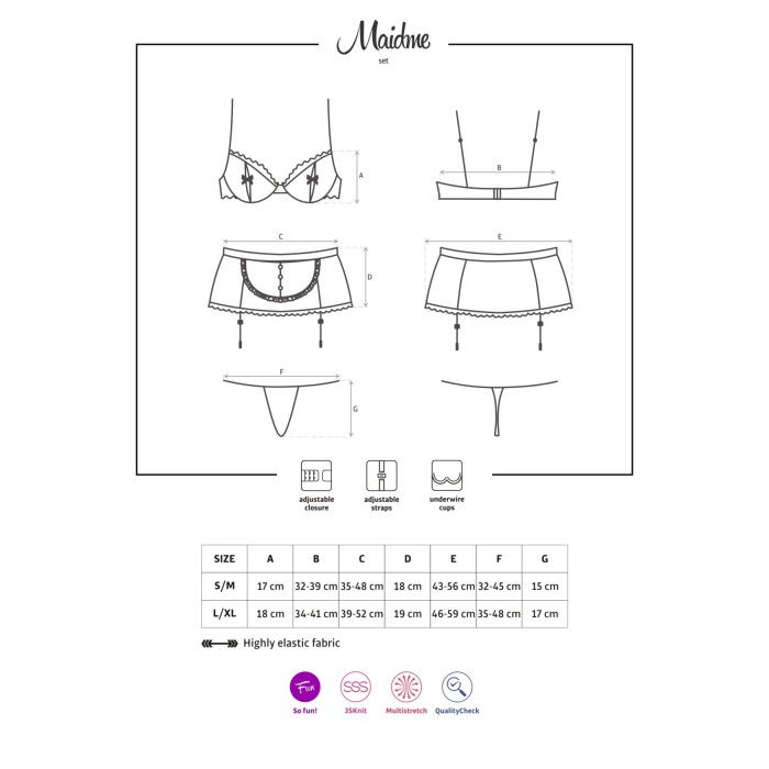 Эротический костюм горничной Obsessive Maidme set 5pcs S/M, бюстгальтер, пояс с фартуком, чулки, стр