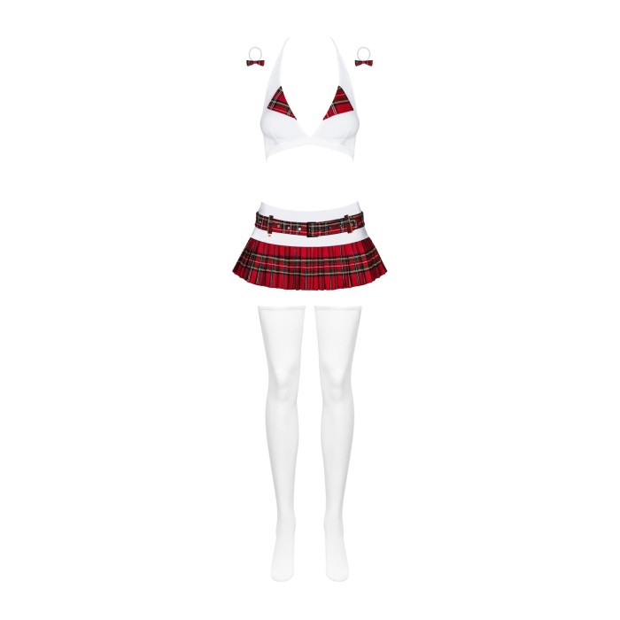 Эротический костюм школьницы с мини-юбкой Obsessive Schooly 5pcs costume L/XL, бело-красный, топ, юб