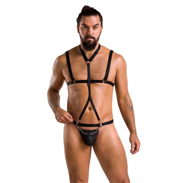 Комплект мужского белья из стреп Passion 039 SET ANDREW S/M Black, стринги, шлейка
