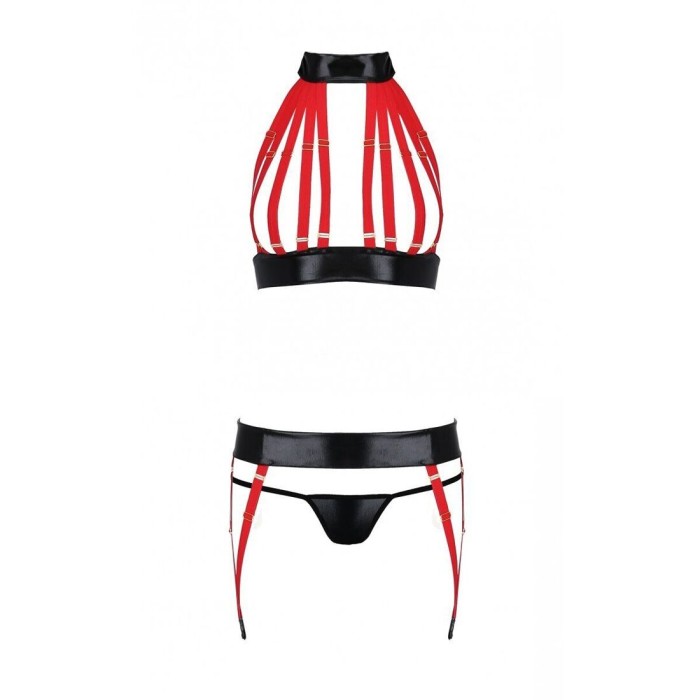 Комплект женского белья из ремешков Passion AZIZA S/M, red, бюстгальтер, пояс, стринги