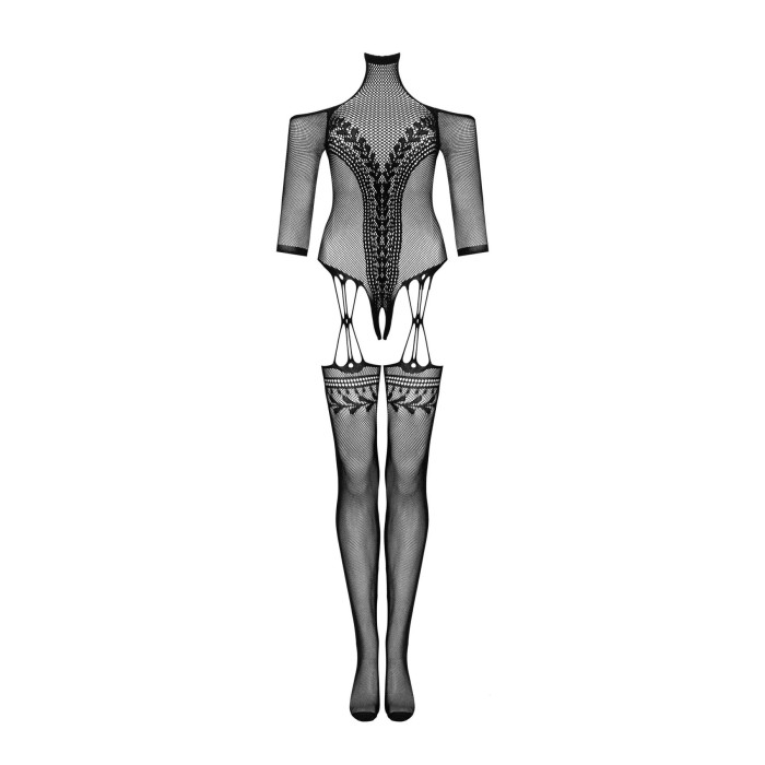Нейлоновый бодистокинг с имитацией чулок Obsessive Bodystocking G333 S/M/L, black, с доступом