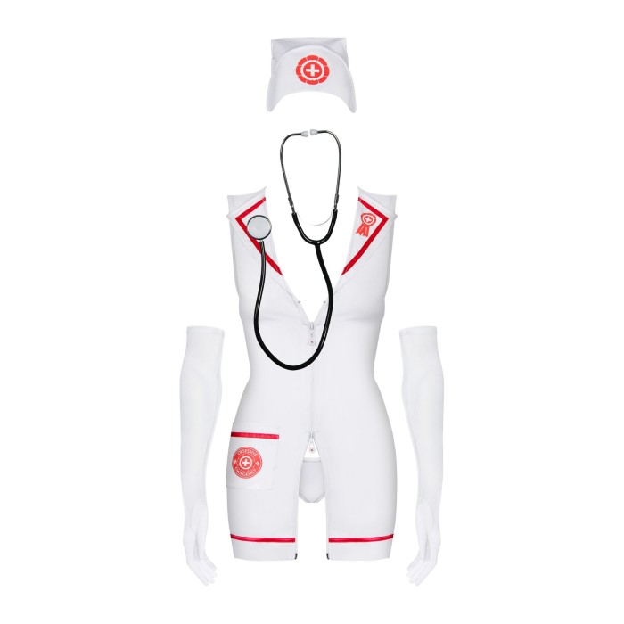 Эротический костюм медсестры Obsessive Emergency dress S/M, white, платье, стринги, перчатки, чепчик