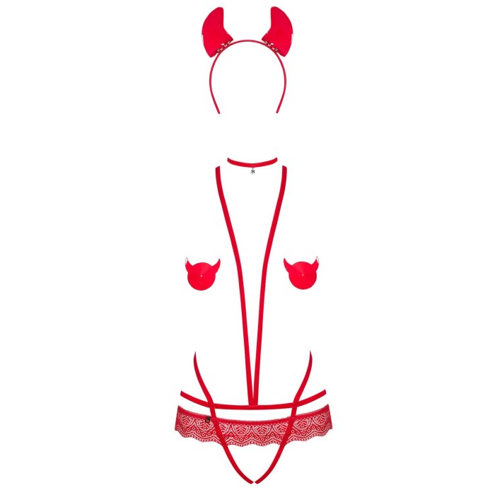 Еротичний костюм чортика зі стреп Obsessive Evilia teddy red S/M, боді, чокер, накладки на соски, об