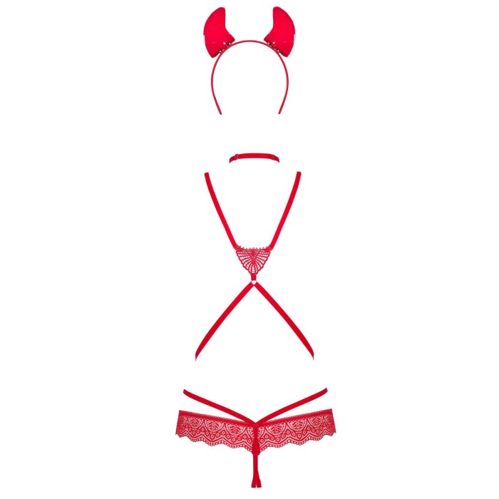 (SALE) Еротичний костюм чортика зі стреп Obsessive Evilia teddy red L/XL, боді, чокер, накладки на соски, о