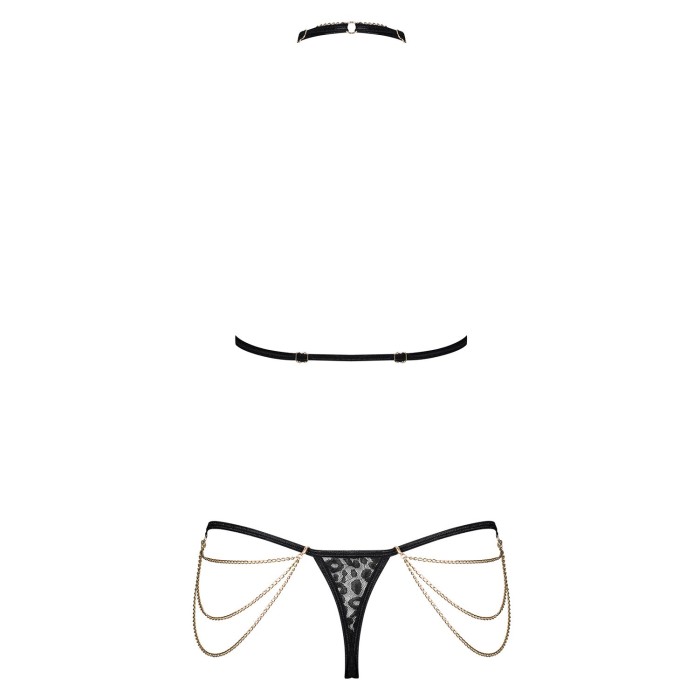 Комплект с цепочками Obsessive Pantheria 2-pcs set black S/M, бюстгальтер, трусики