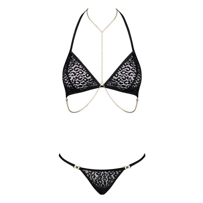 Комплект із ланцюжками Obsessive Pantheria 2-pcs set black L/XL, бюстгальтер, трусики