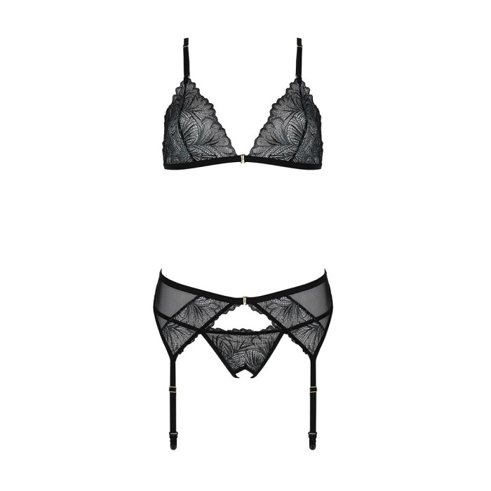 Комплект с открытым доступом Passion DELIENA SET S/M black, лиф, стринги, пояс для чулок