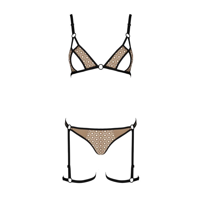 Эротический комплект нижнего белья Passion GABI SET XXL/XXXL beige, трусики с гартерами