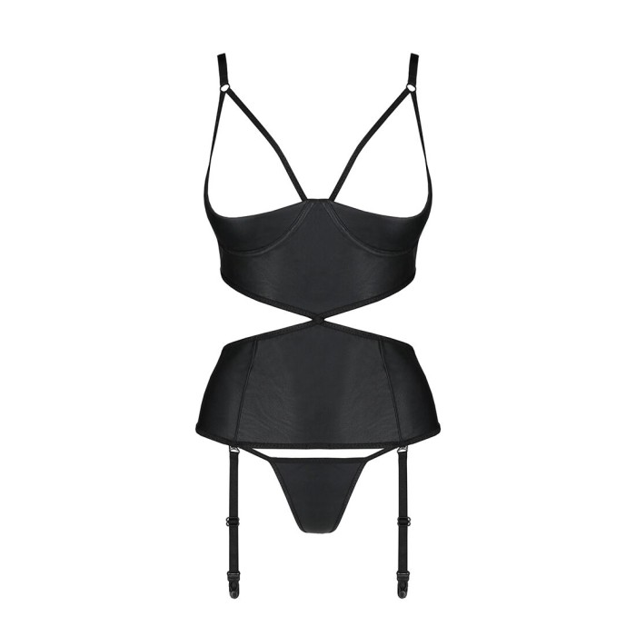 Корсет с открытой грудью Passion JANNIES CORSET L/XL black, стринги в наборе