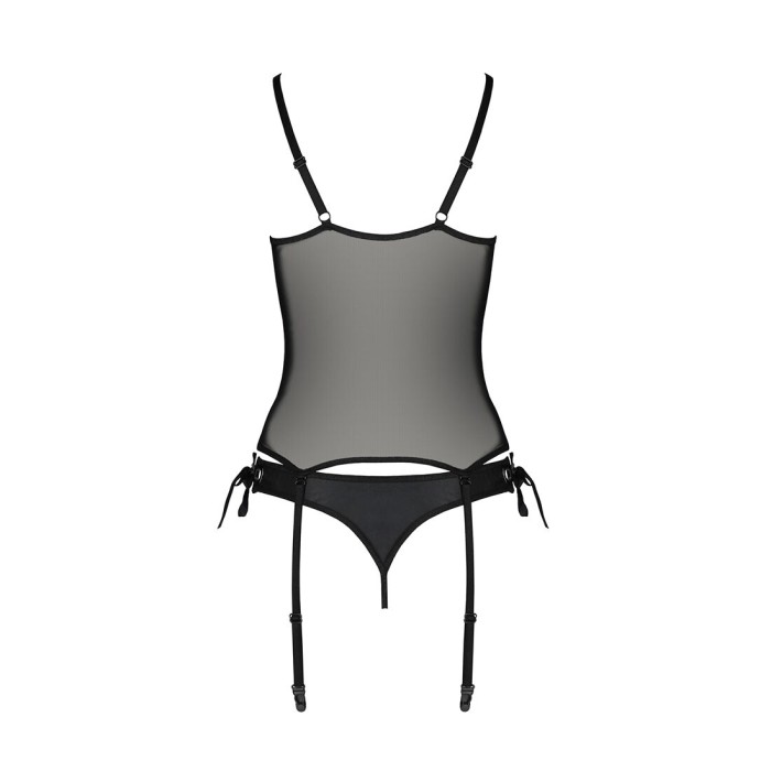 Корсет со шнуровкой Passion NESSY CORSET S/M black, стринги с открытым доступом, пажи для чулок
