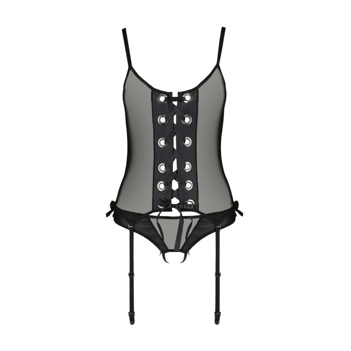 Корсет со шнуровкой Passion NESSY CORSET XXL/XXXL black, стринги с открытым доступом, пажи для чулок