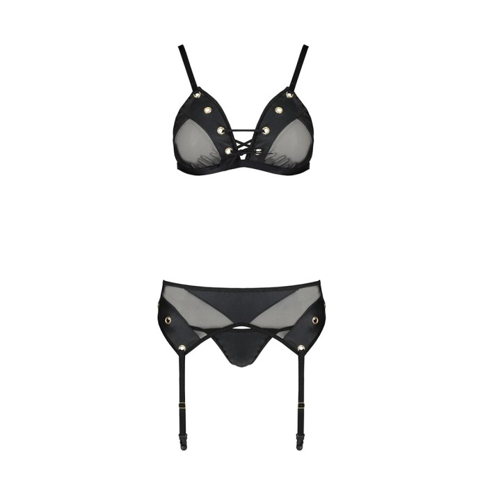 Комплект белья Passion NESSY SET XXL/XXXL black, бюстгальтер, пояс для чулок, стринги