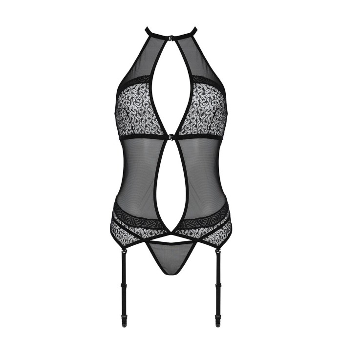 Корсет с пажами Passion SATARA CORSET L/XL black, стринги, кружево, застежки спереди и сзади