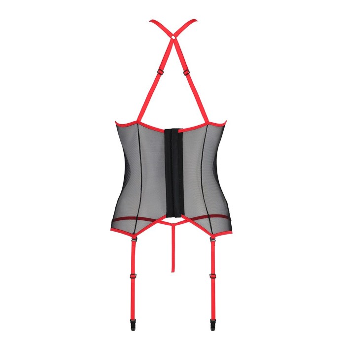 Корсет с пажами Passion SATARA CORSET L/XL red, стринги, кружево, застежки спереди и сзади