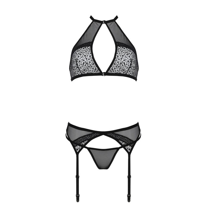 Комплект білизни Passion SATARA SET S/M black, топ, пояс для панчіх, стрінги