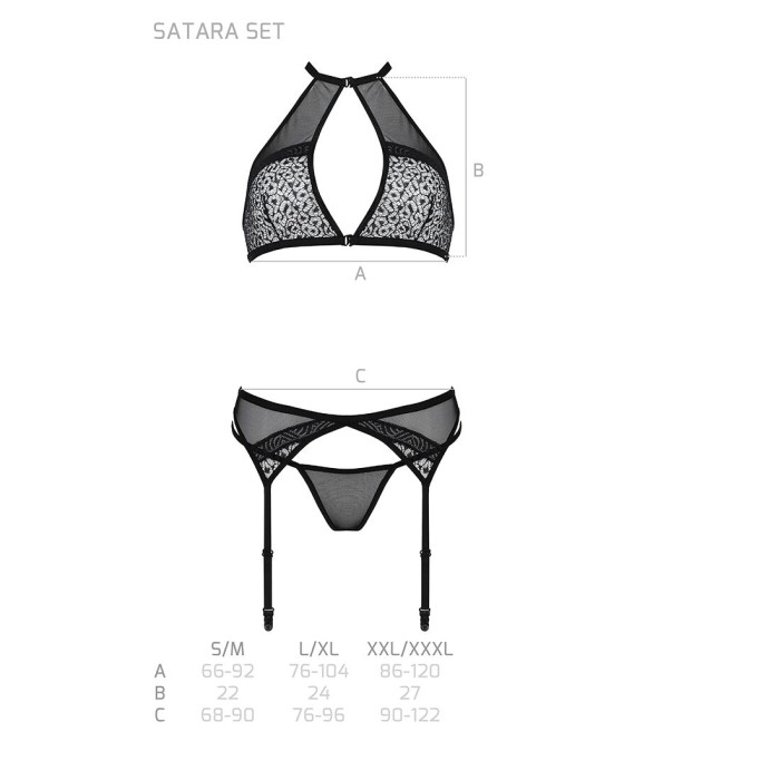 Комплект белья Passion SATARA SET XXL/XXXL black, топ, пояс для чулок, стринги