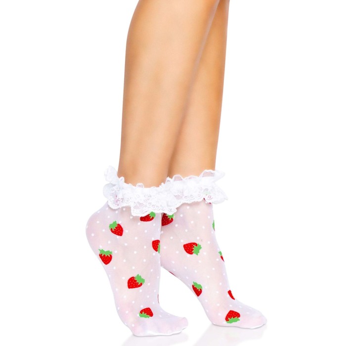 Шкарпетки жіночі з полуничним принтом Leg Avenue Strawberry ruffle top anklets One size, мереживні м