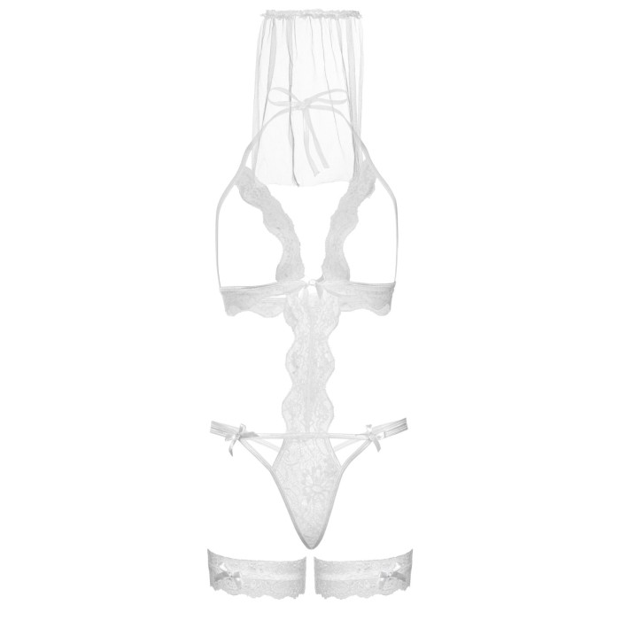 Костюм нареченої Leg Avenue G-string teddy, veil & garter One size White, з відкритими грудьми