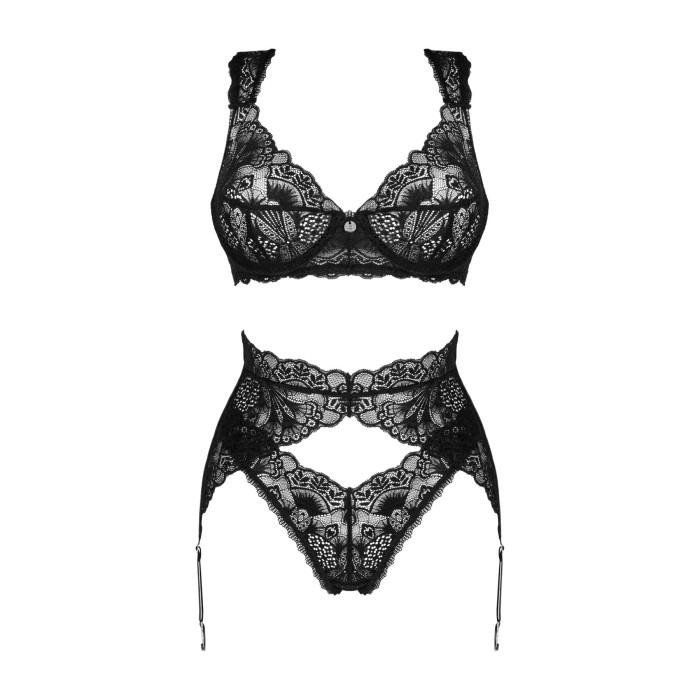 (SALE) Комплект белья Obsessive Donna Dream 3-pcs set XS/S Black, бюстгальтер, стринги, пояс для чулок