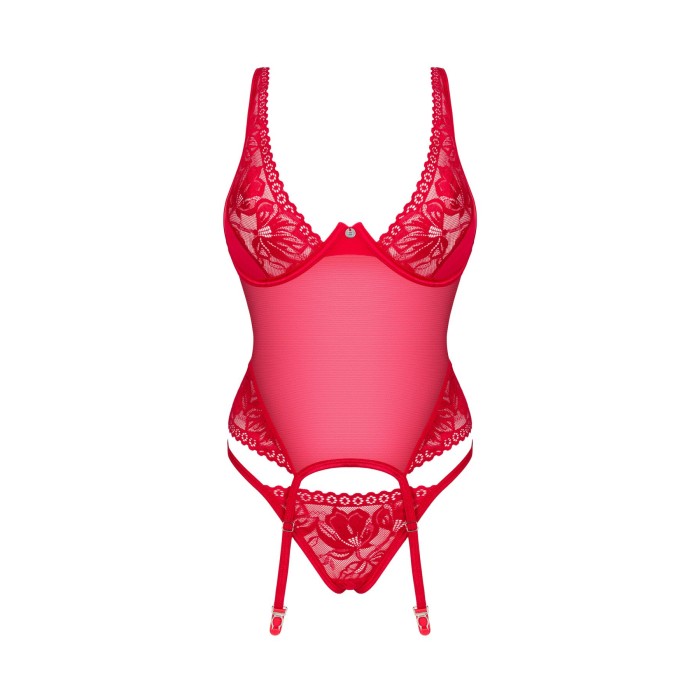 Прозрачный корсет Obsessive Lacelove corset XL/2XL Red, кружево, подвязки для чулок