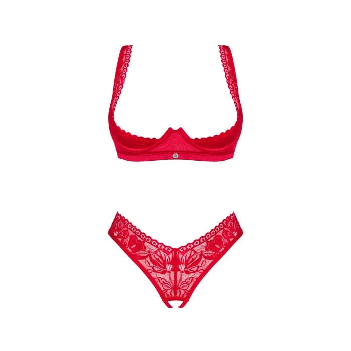 Комплект белья Obsessive Lacelove cupless 2-pcs set XS/S Red, открытый доступ, открытая грудь