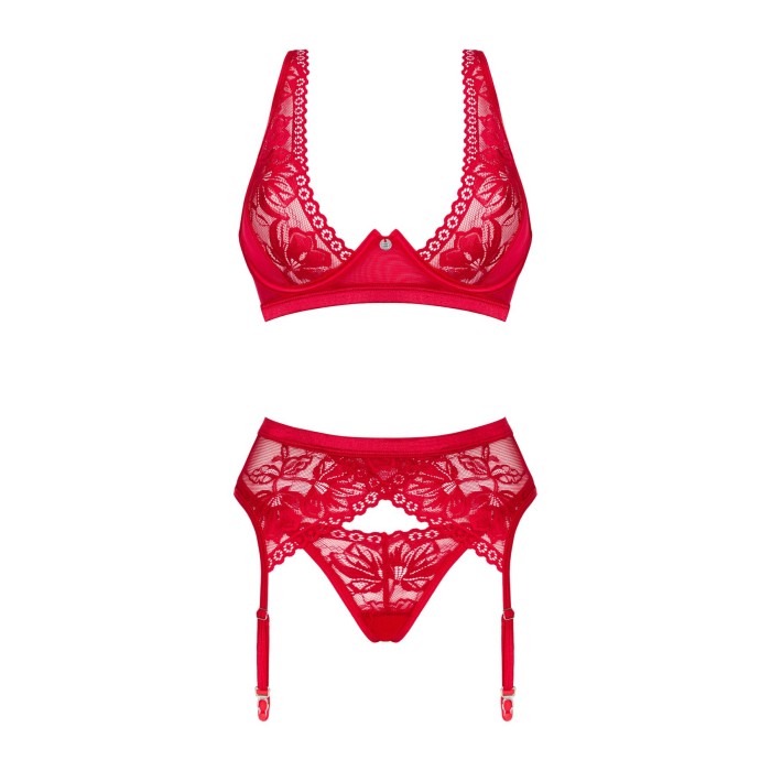 Комплект белья Obsessive Lacelove cupless 3-pcs set XL/2XL Red, бюстгальтер, стринги, пояс для чулок
